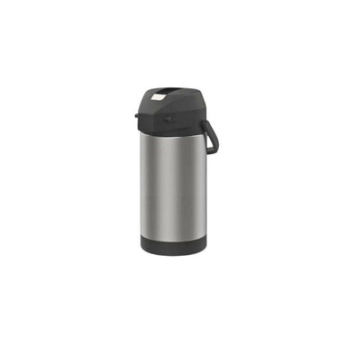 2.5-liter pump lever airpot thermal dispenser featuring an insulated body and easy-press pump lever, designed for serving hot coffee and beverages.