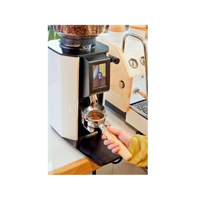 Anfim Alba professional on-demand espresso grinder white with 65 mm flat burrs – stainless finish front view