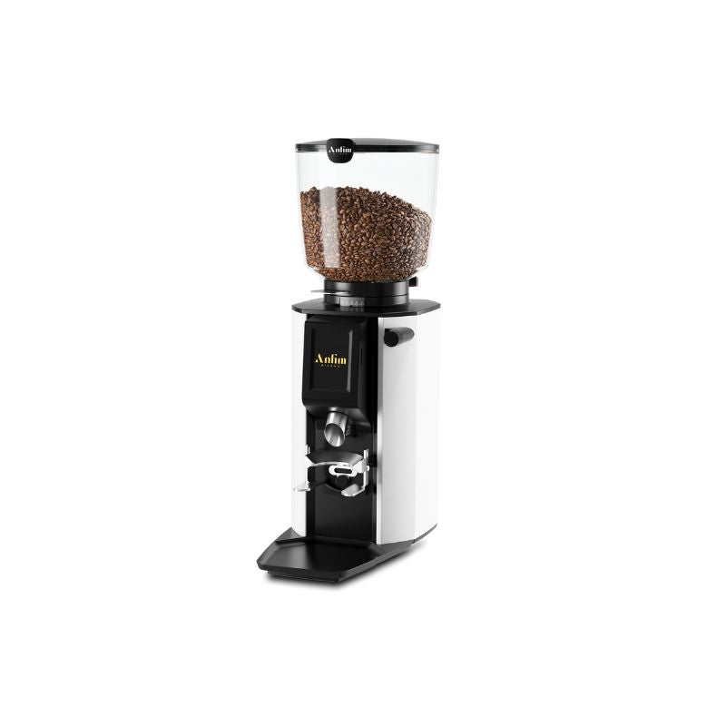 Anfim Alba high-speed espresso grinder angled view with metal housing and dosing chute