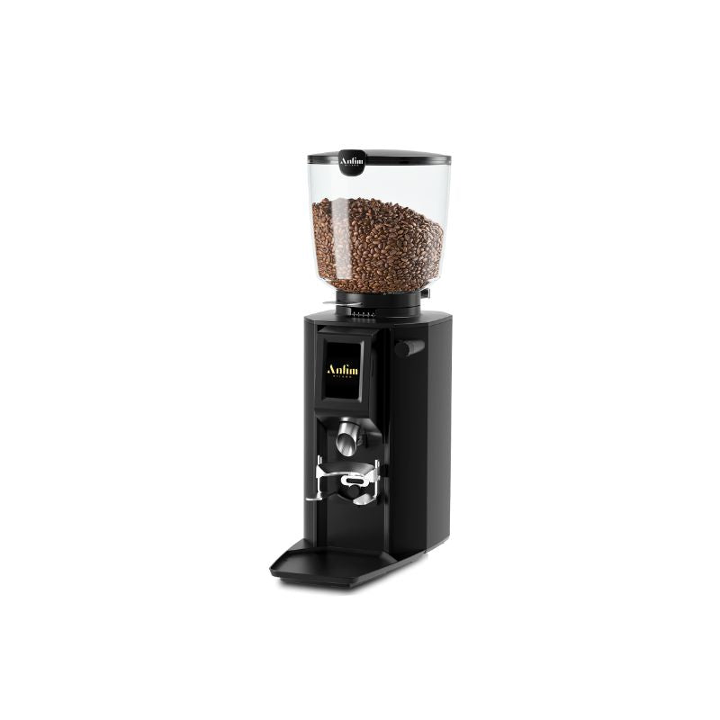 Anfim Alba high-speed espresso grinder angled view with metal housing and dosing chute