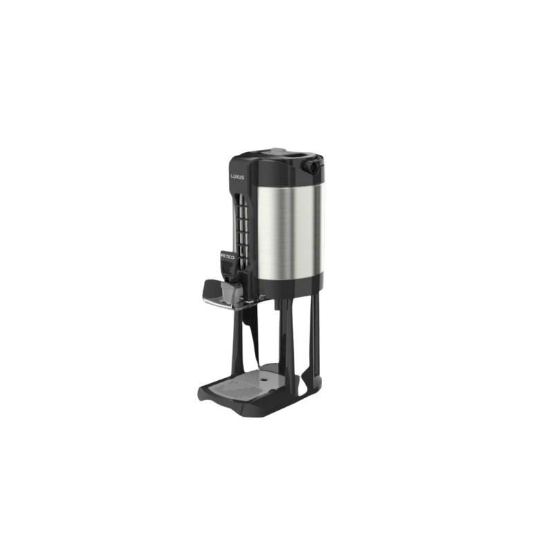 Luxus LGD-10 1.0-gallon sight gauge thermal dispenser with base, featuring an insulated body, clear level indicator, and front dispensing spigot for coffee and tea service.
